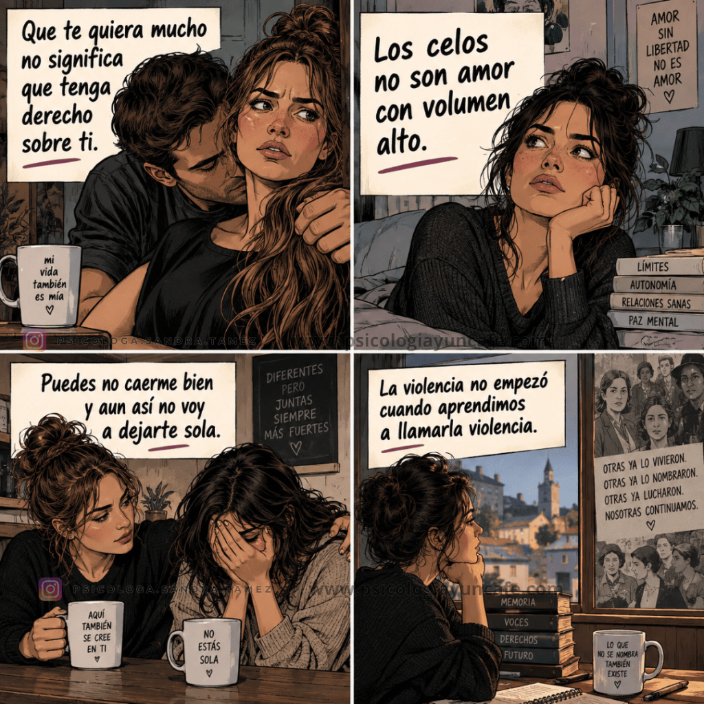 Viñetas de mujeres reflexionando sobre relaciones y violencia emocional, con citas sobre el amor y la libertad personal.