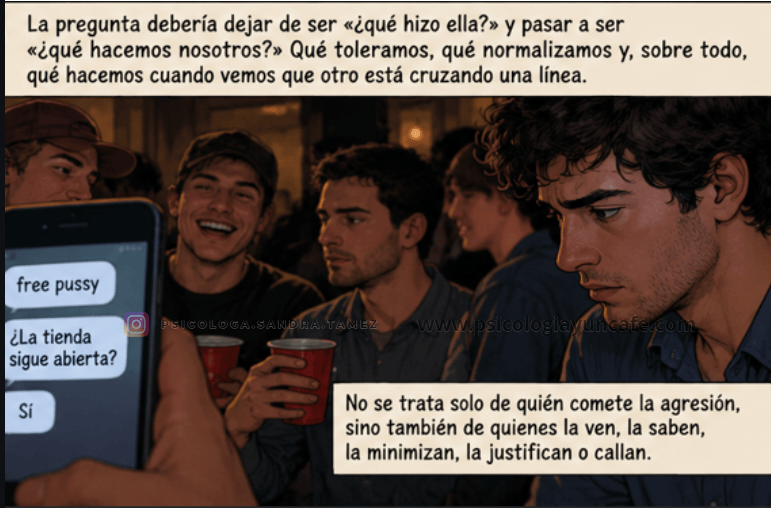 Un grupo de jóvenes en una reunión social, uno de ellos sostiene un teléfono mostrando mensajes de texto. En el fondo, otros amigos charlan y beben de vasos rojos. Texto en el lado derecho aborda temas de agresión y responsabilidad social.