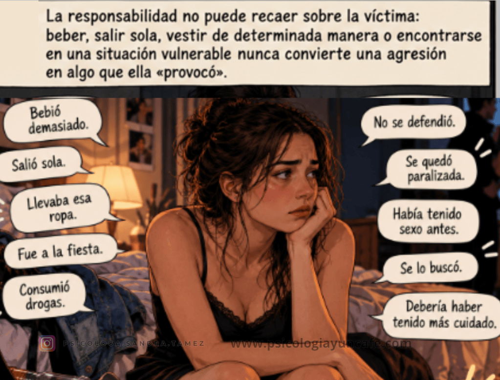 Imagen que muestra a una mujer sentada con una expresión de preocupación, rodeada de texto que aborda la responsabilidad de la víctima en situaciones de agresión.