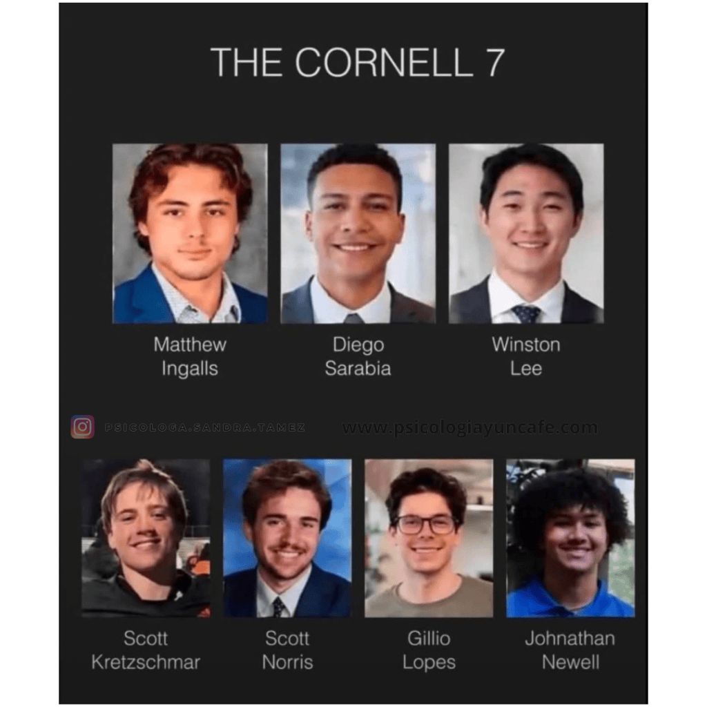 Retrato de siete jóvenes, conocidos como 'The Cornell 7'. En la fila superior aparecen Matthew Ingalls, Diego Sarabia y Winston Lee. En la fila inferior están Scott Kretzschmar, Scott Norris, Gillio Lopes y Johnathan Newell.